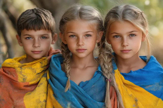 A mother embraces three children outdoors, wrapping them in warm blue and yellow clothing for safety.