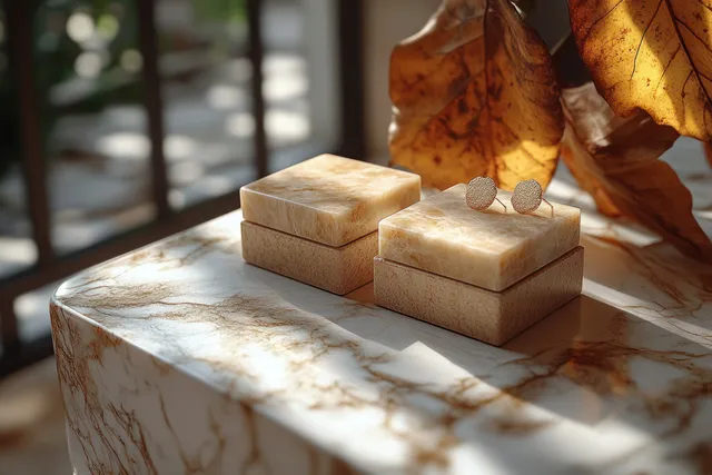 Minimal jewelry box on marble surface with gold earrings and sharp elegant shadows
