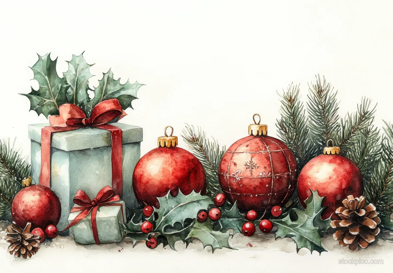 Watercolor Christmas ornaments with holly leaves, a gift box, pine branches, and red baubles on a white background.