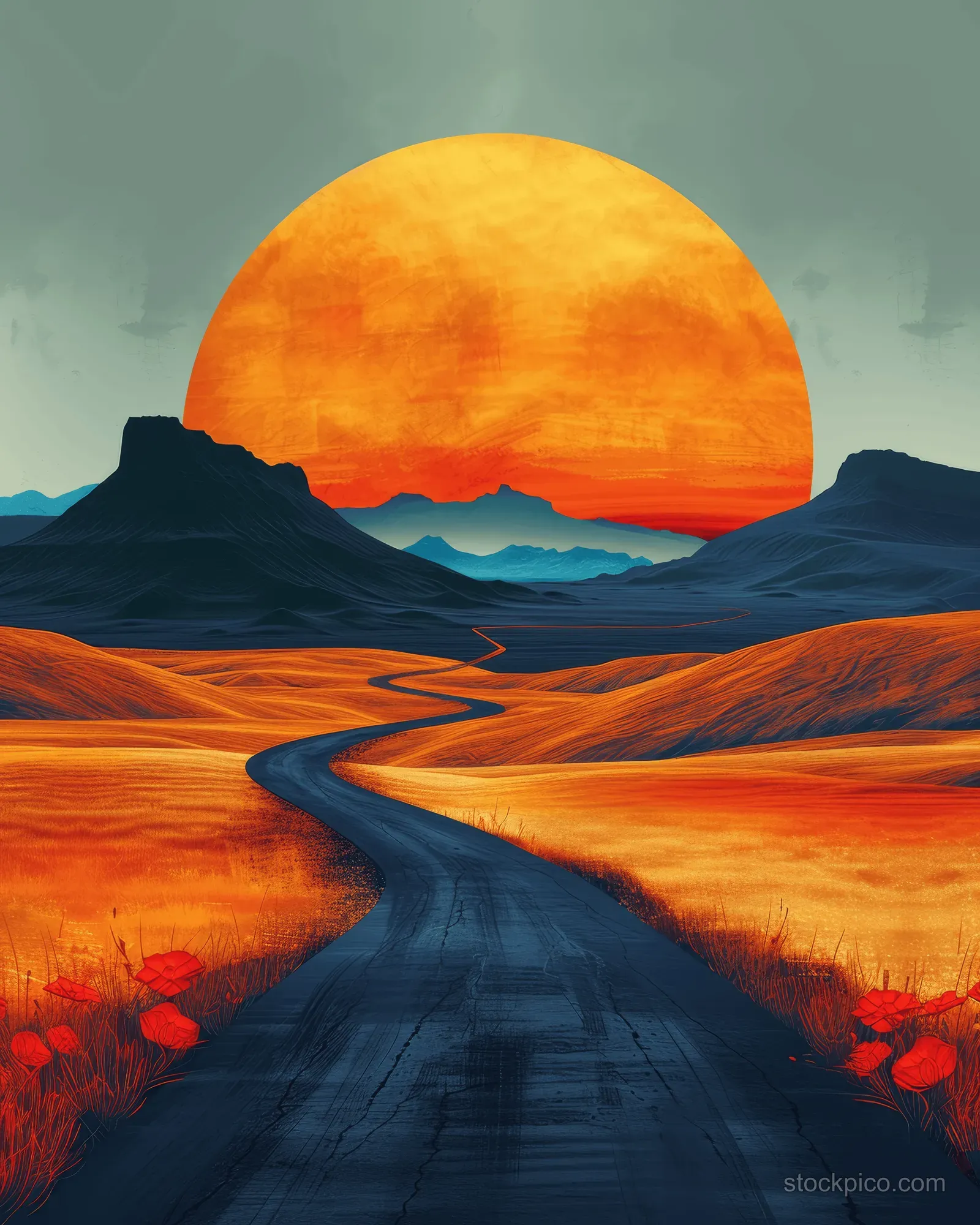 Curved highway road leads to a glowing orange sun above distant hills at sunset.