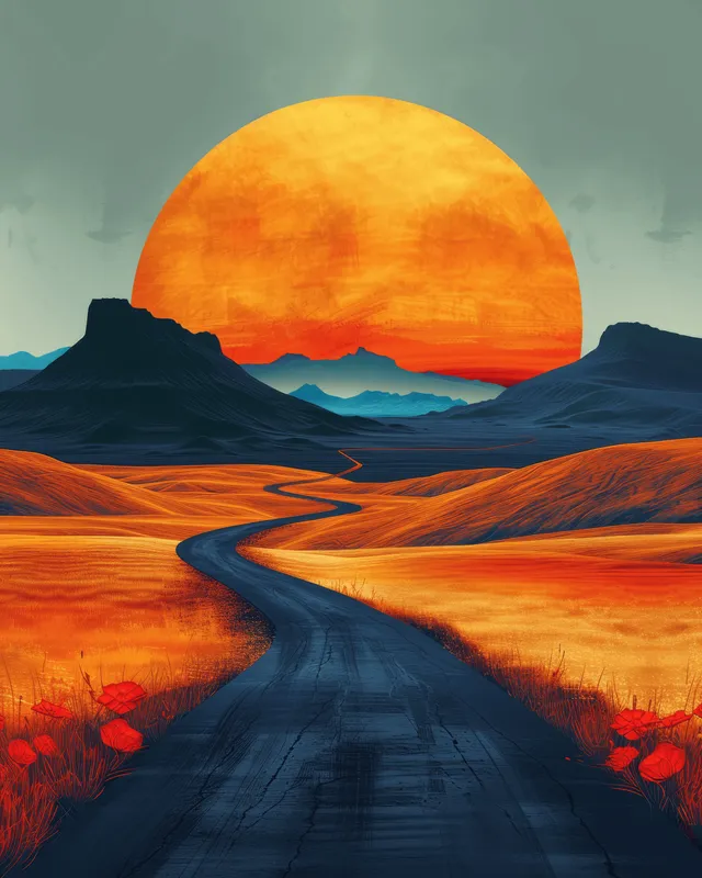 Curved highway road leads to a glowing orange sun above distant hills at sunset.
