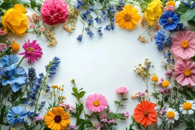 Colorful flowers are arranged in a circular border with green stems on a white background.