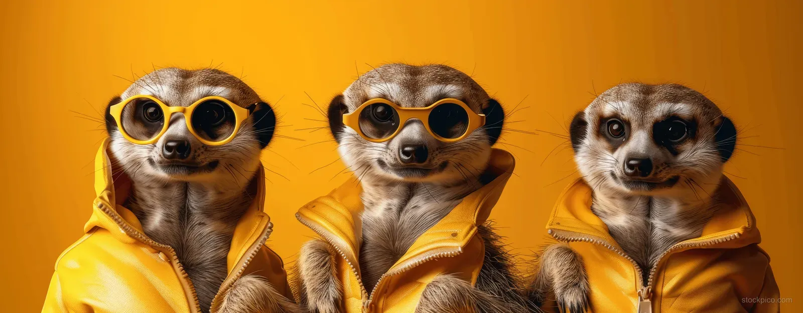 Three meerkats in yellow hoodies and black round sunglasses pose together on a solid background with banner space.