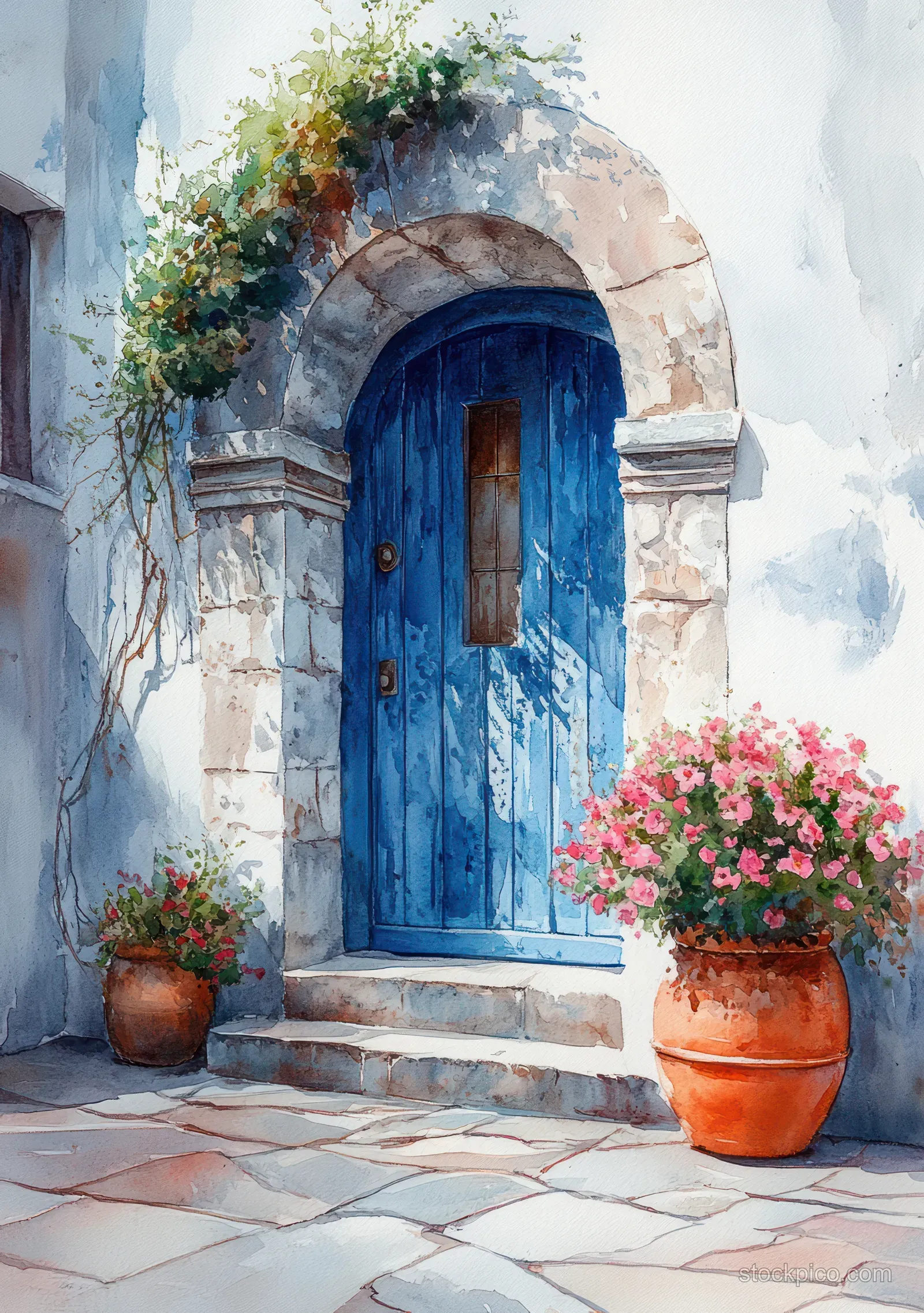 Watercolor view of a blue wooden door in a stone arch with terracotta flowerpots and pink blossoms.