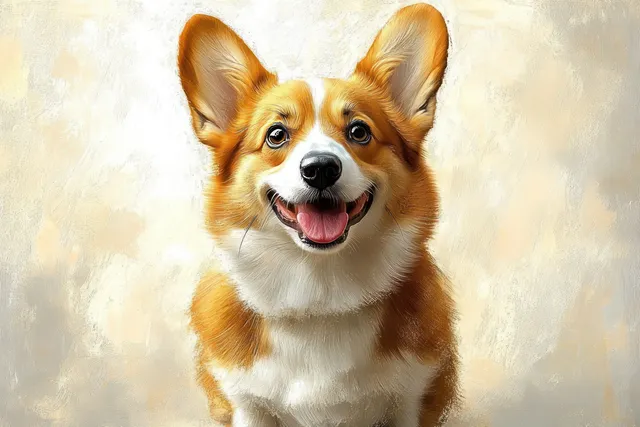 Happy brown and white corgi dog with tongue out looking at camera on neutral background