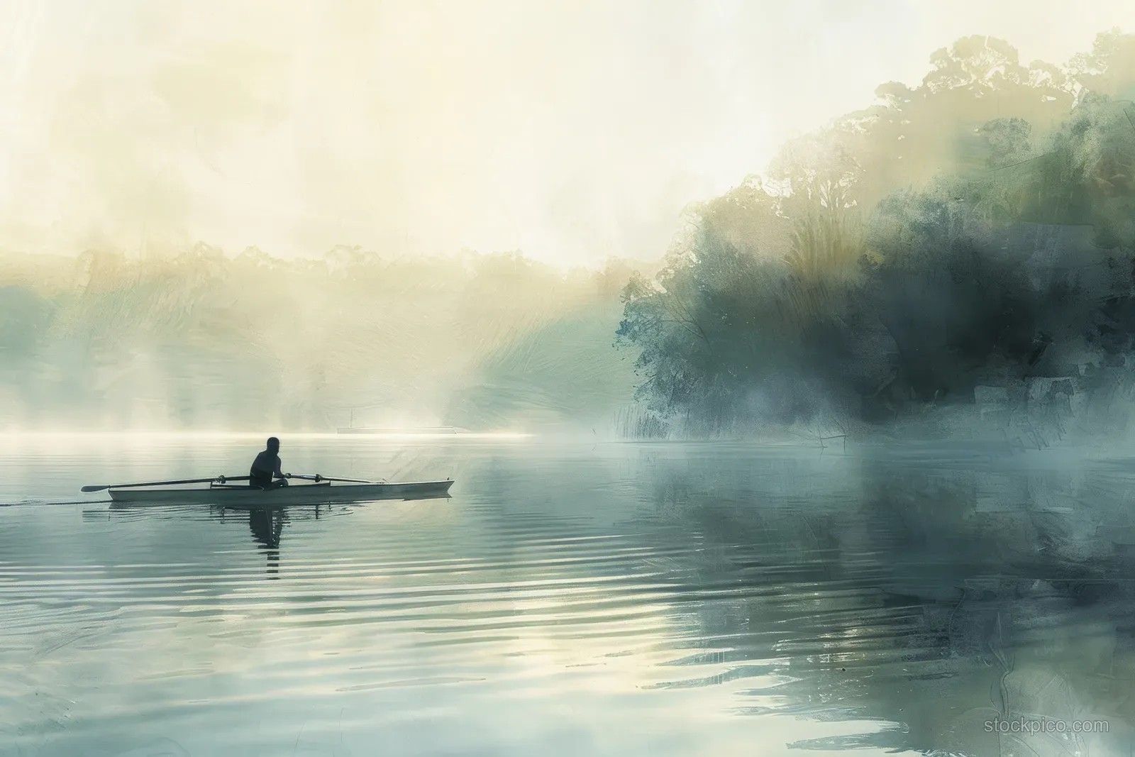 A single scull rower glides across a misty lake at sunrise, creating gentle ripples.