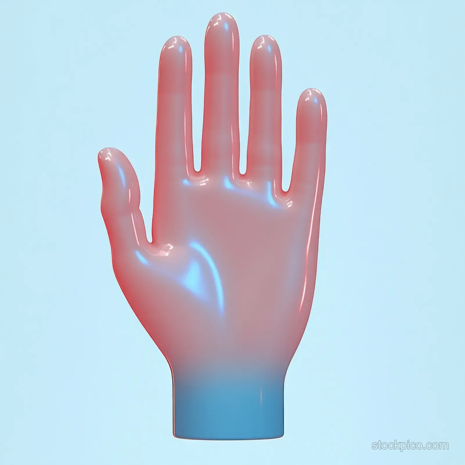 A translucent glossy open hand sculpture with a blue-to-pink gradient raised against a light blue background.