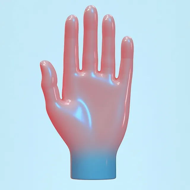 A translucent glossy open hand sculpture with a blue-to-pink gradient raised against a light blue background.