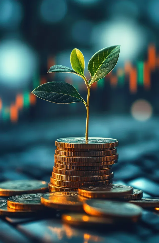 Green sprout growing from golden coin stacks with a blurred stock chart background behind it.
