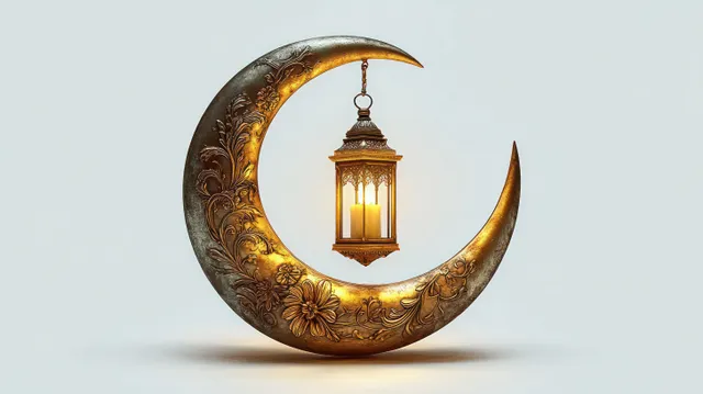 Ornate crescent moon sculpture with floral engravings holding a glowing lantern and three candles against a plain background.