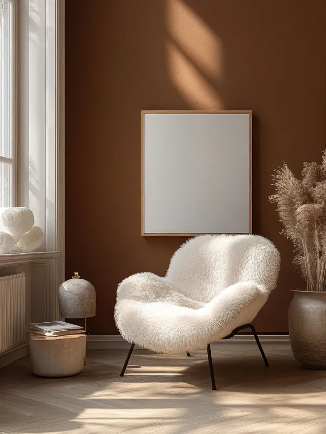 Fluffy chair in front of a warm wall with a blank framed canvas under soft sunlit shadows.