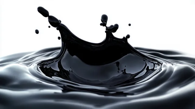 Dark liquid splash with ripples and droplets forming over a reflective surface against a white background.