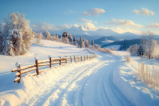 Snow-covered winding road past frosted trees and wooden fence under soft winter sunlight