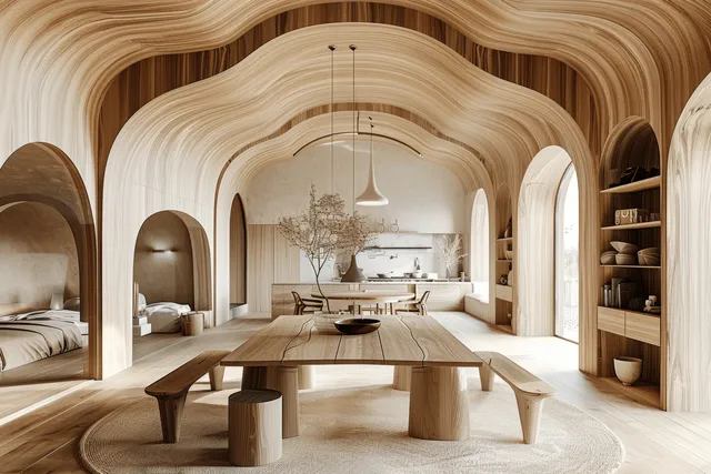 Minimalist dining room with curved wooden arches, long light wood table, benches, and a pendant lamp.