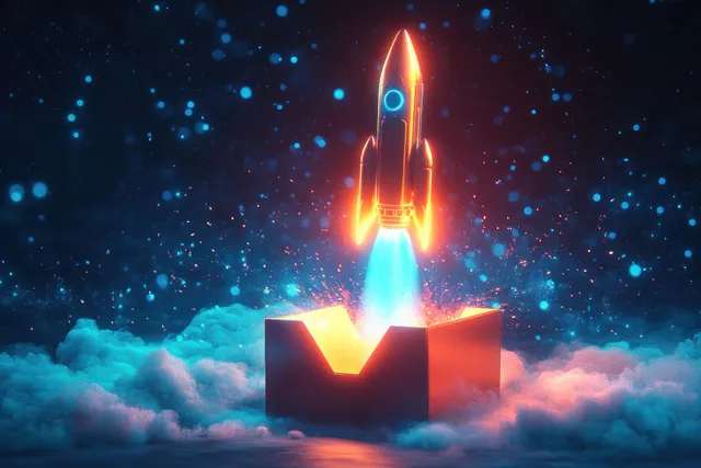 Glowing rocket lifts off from open box into starry night clouds and sparkling light