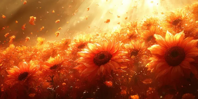 Close-up of sunflower heads with detailed petals and seeds glowing in warm spring sunlight across a field.