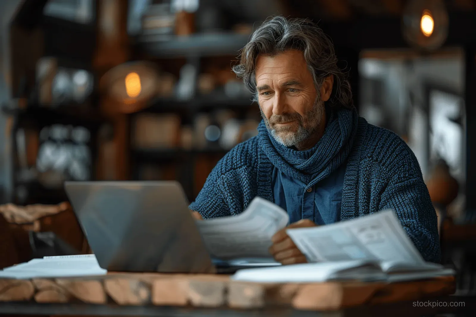 A smiling businessman in a blue sweater reads papers and works on a laptop at a modern apartment desk.