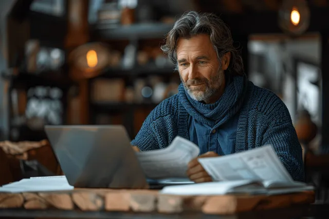 Smiling businessman in blue sweater reviewing paperwork while typing on laptop at apartment desk