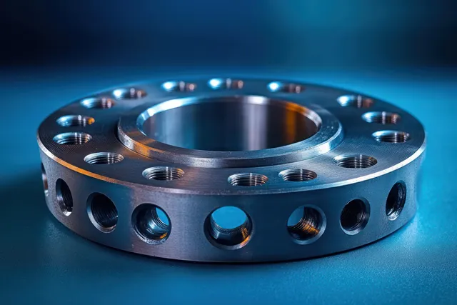Close-up metallic circular flange with threaded holes under cool blue lighting