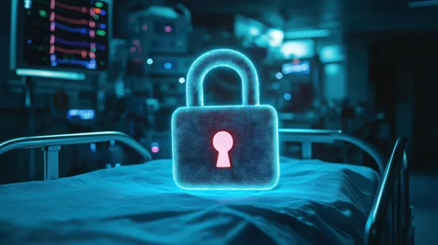 Healthcare cyber security padlock hovering over hospital server room data streams