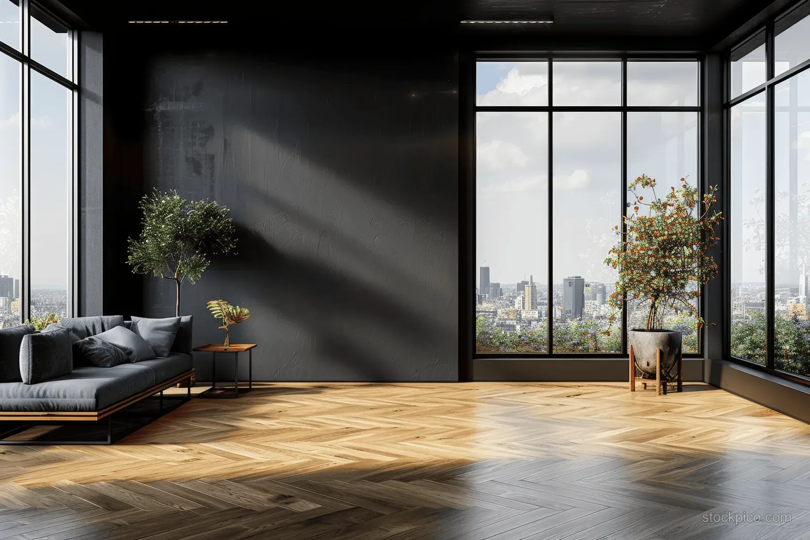 Minimalist living room with gray sofa and potted plant, lit by sunrise through large windows facing a city skyline.