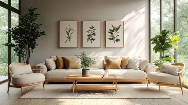 Sunlit modern living room with light wood sofa, beige cushions, indoor plants, and greenery-filled windows