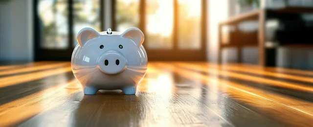 Smiling piggy bank on wooden floor with warm window light and saving concept