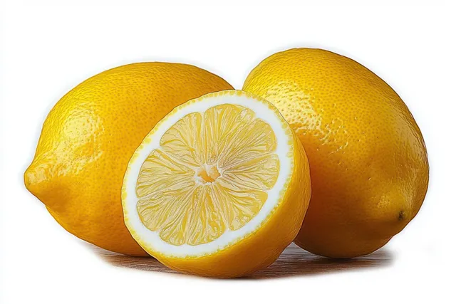 Three ripe yellow lemons on a white background, with one lemon cut open to show juicy segments.