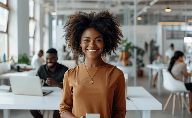 African American woman standing in a modern office while holding a smartphone and smiling in natural light.