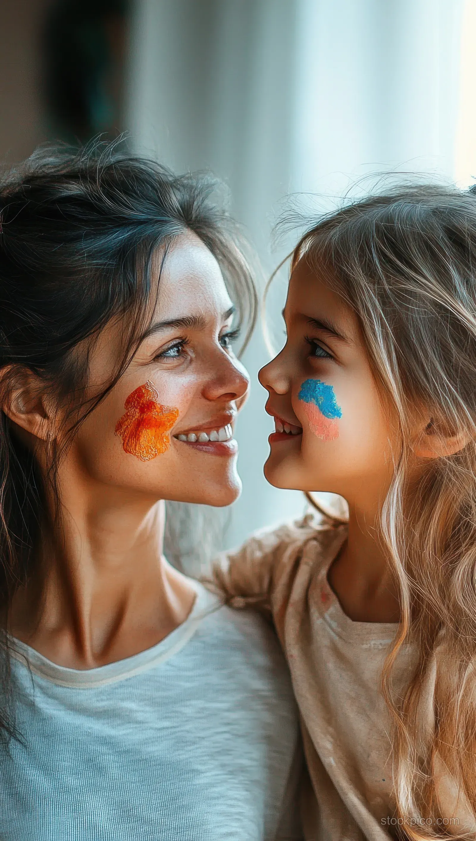 A woman and young girl smile at each other with colorful face paint indoors under soft natural light.