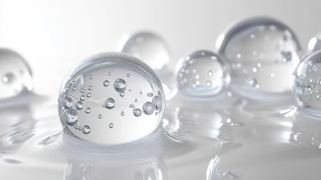 Clear water droplets with micro air bubbles rest on a smooth reflective surface, showing light reflections.