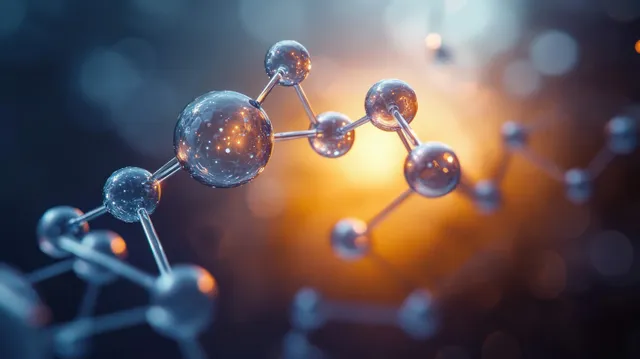 Glowing atom spheres connected by molecular bonds under warm backlighting with a blurred lab backdrop.