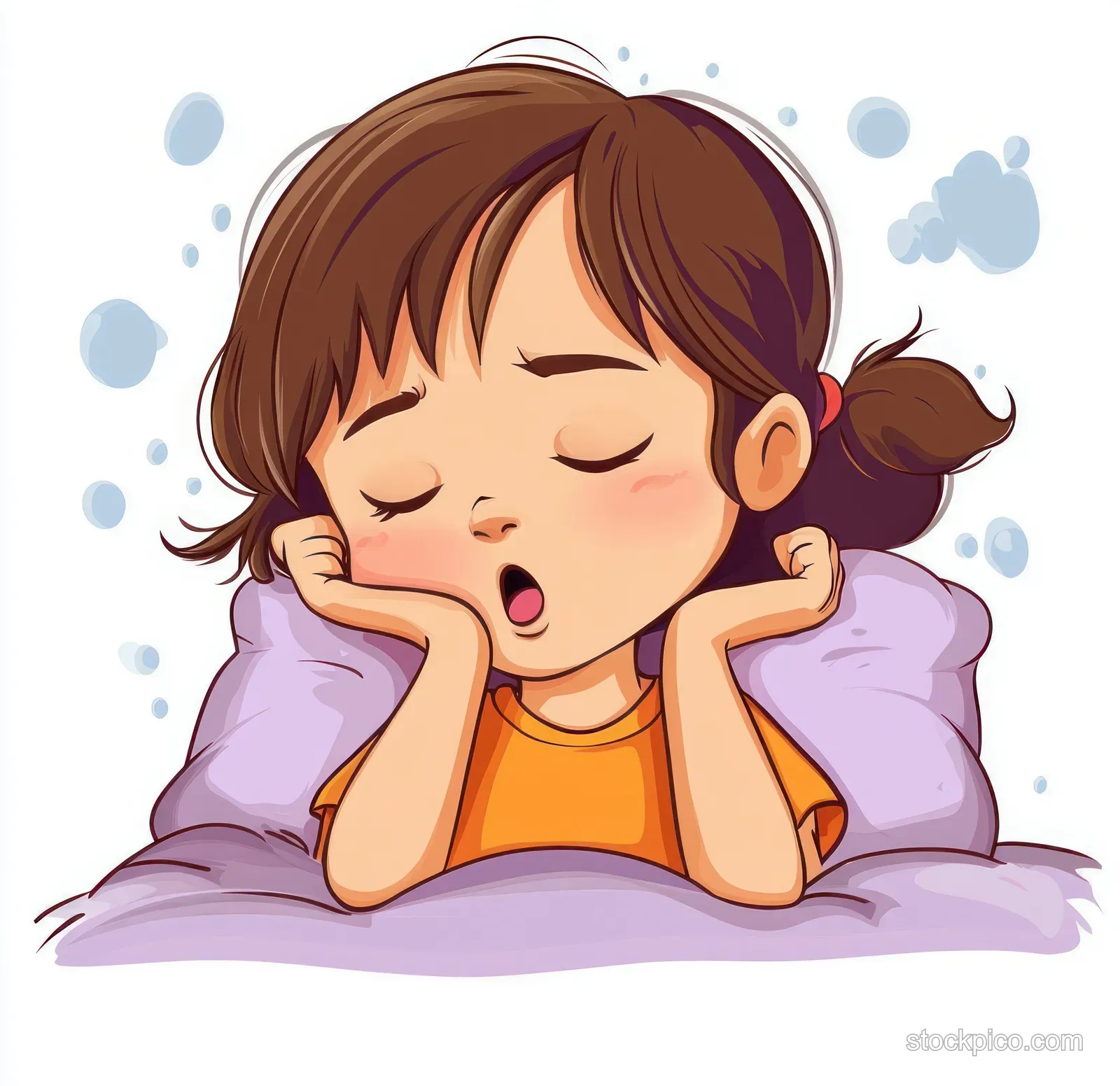 A sleepy girl yawns with closed eyes while resting on her purple pillow surrounded by blue bubbles.