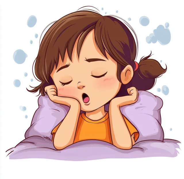 Yawning young girl rests her head on hands on a purple pillow, surrounded by blue bubbles