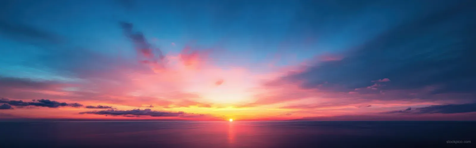 Glowing sunrise over a calm ocean with pink, orange, and blue clouds reflecting on the water horizon.
