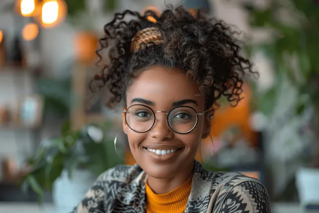 Smiling woman with curly hair and glasses working on a laptop in a bright office