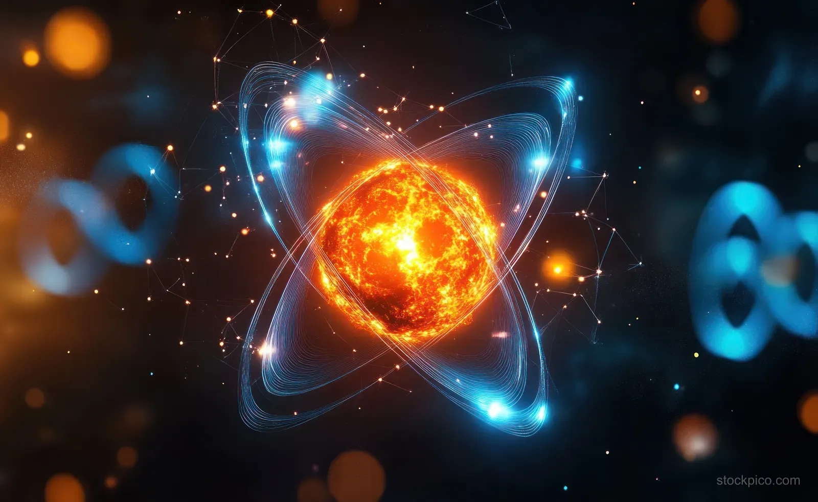 Orange glowing atomic nucleus with blue orbit arcs and floating particles in a dark futuristic science visualization.