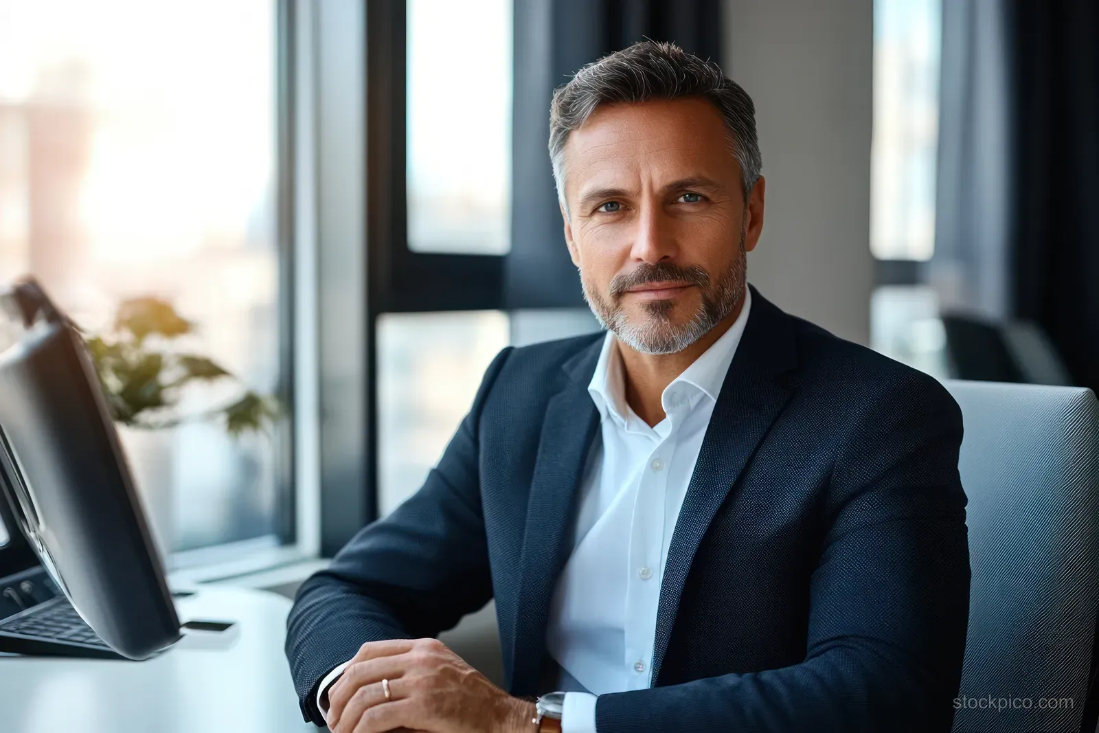 Bearded executive in a dark suit smiles at the camera while seated at a modern office desk beside a laptop.