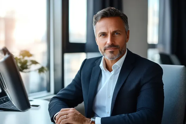 Bearded executive in a dark suit smiles at the camera while seated at a modern office desk beside a laptop.