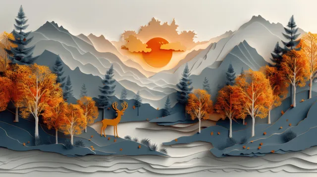 Golden deer and small birds stand among dark green paper-cut trees in misty mountains under a glowing sunset orb.
