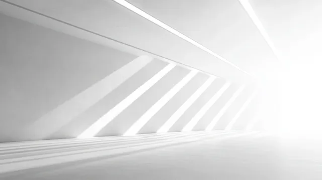 Angled sunlight beams illuminate an empty white room, casting geometric striped shadows on the floor and walls.
