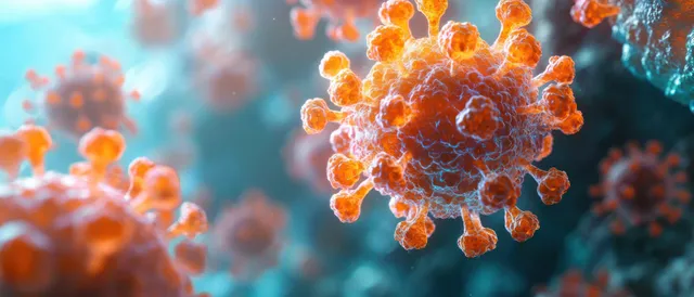 Orange virus-like particles cluster near skin cell surfaces under macro microscopy with turquoise background blur.