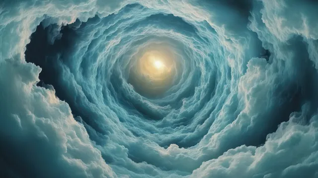 Swirling cloud vortex with bright center light in dramatic sky