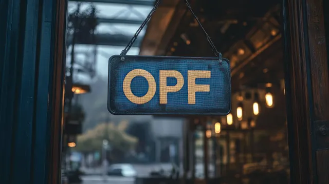 Close-up of an OPF blue hanging sign with yellow letters on a doorway chain