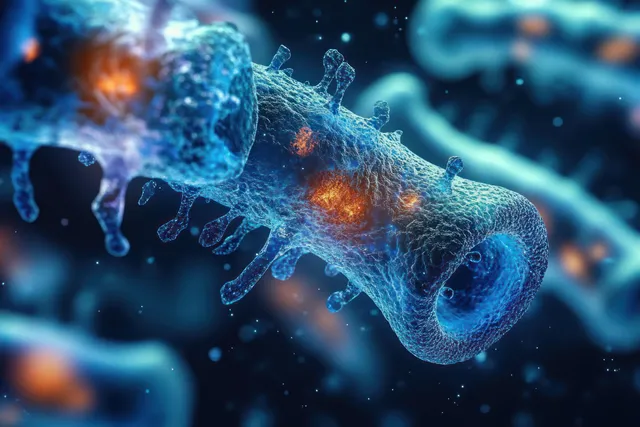 Close-up 3D virus particles with glowing orange interiors floating in dark microscopic space with Cell Like Shapes