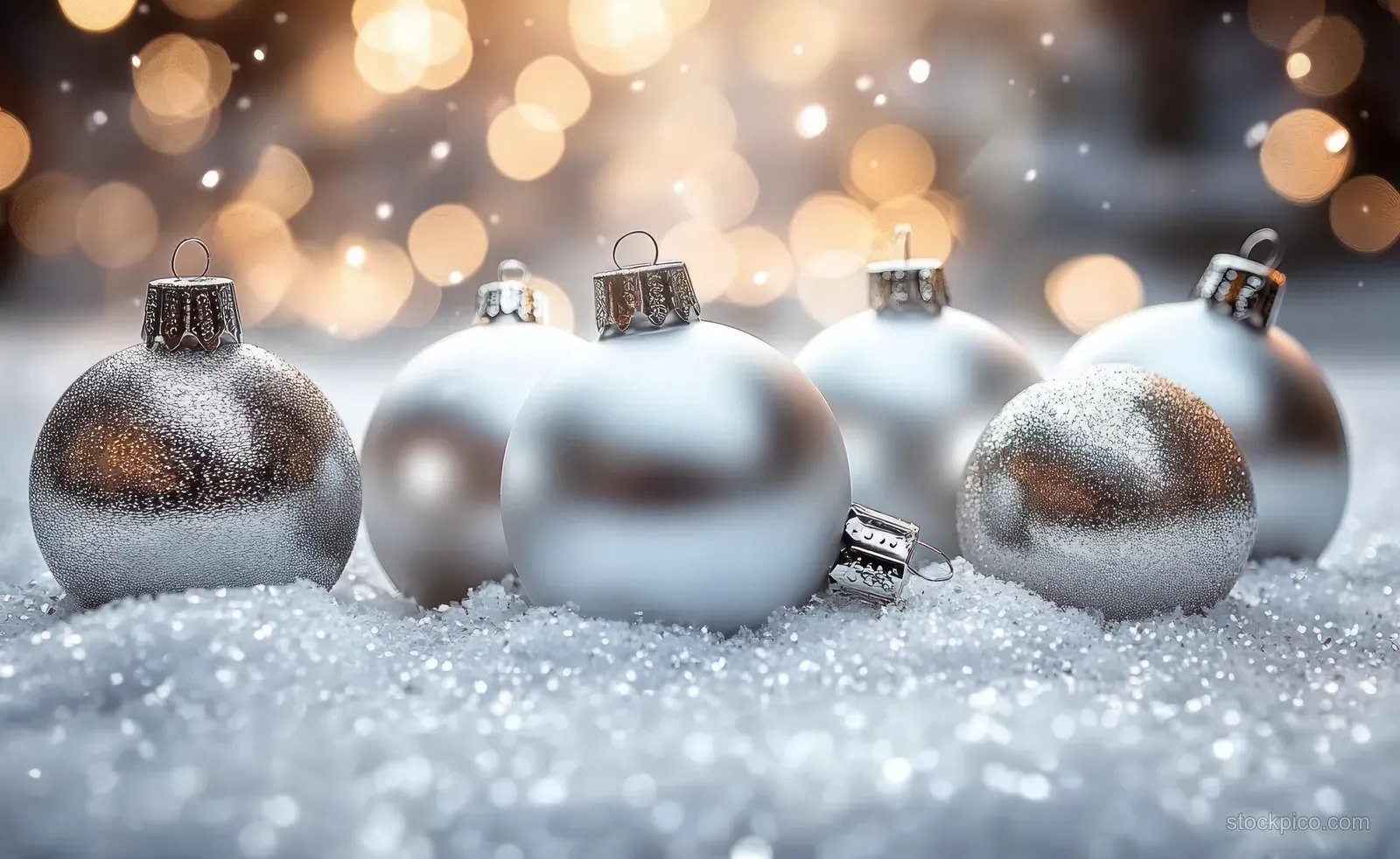 Snowy Christmas baubles sit on glittering snow with warm blurred holiday lights in the background.