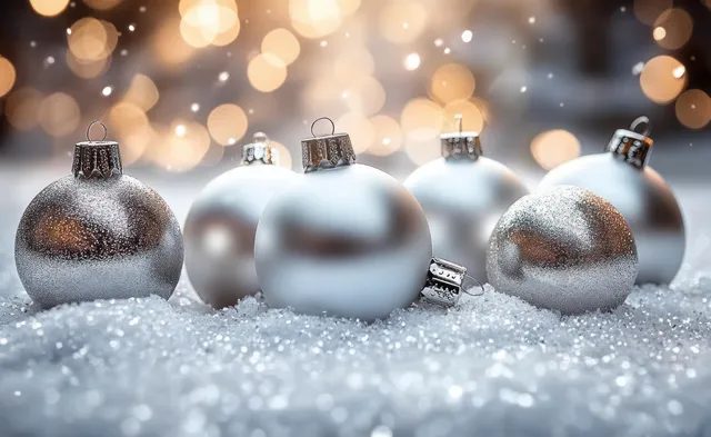 Snowy Christmas baubles sit on glittering snow with warm blurred holiday lights in the background.