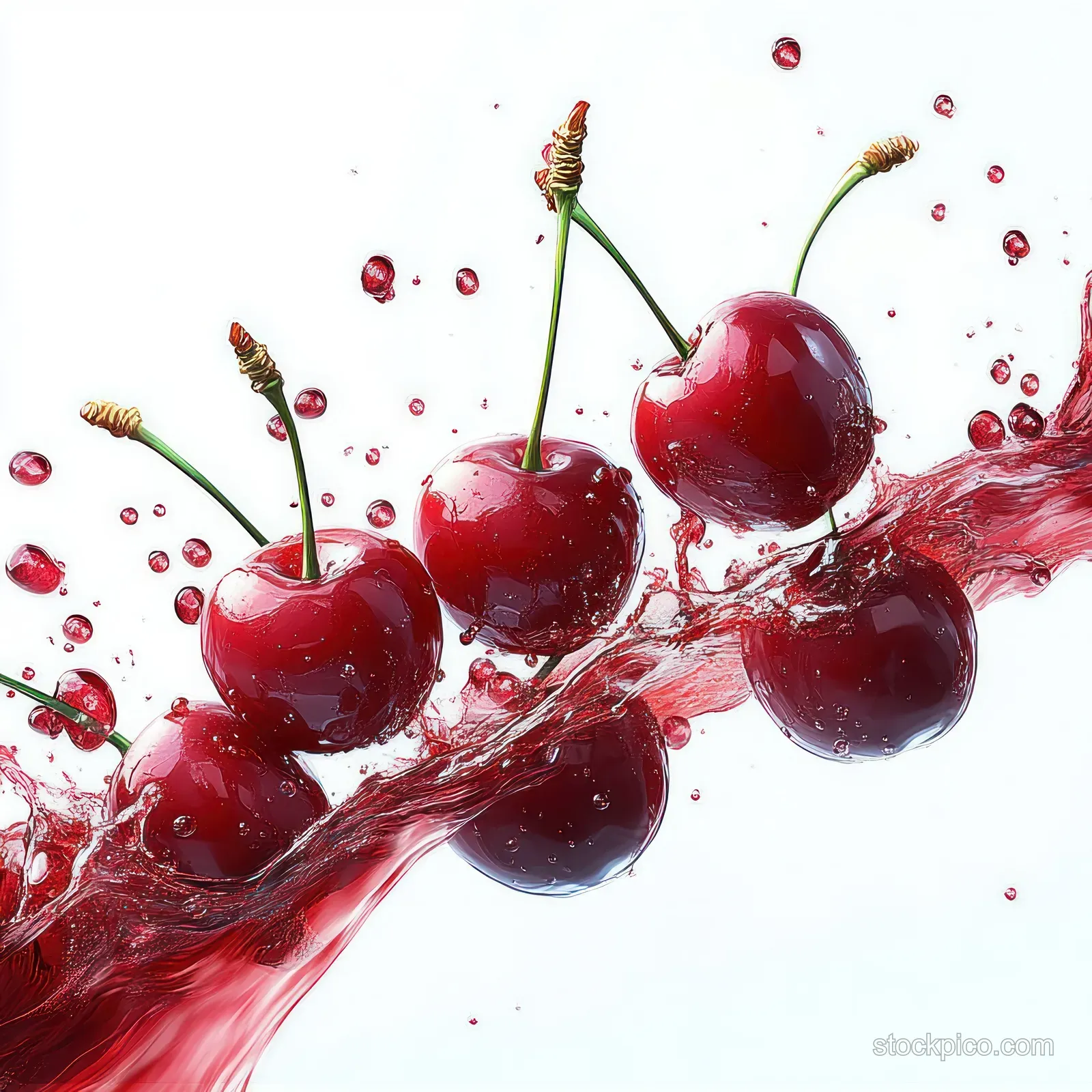 Three cherries with green stems are surrounded by red juice splashes and floating droplets on a white background.