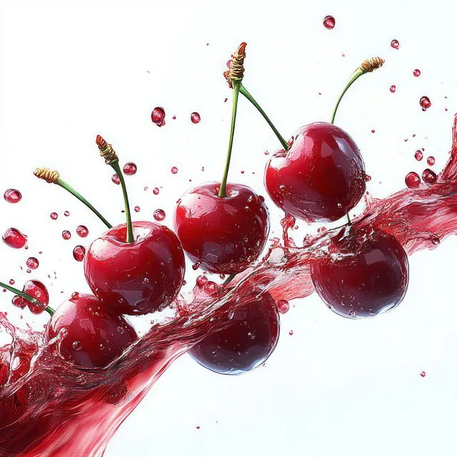 Three cherries with green stems are surrounded by red juice splashes and floating droplets on a white background.