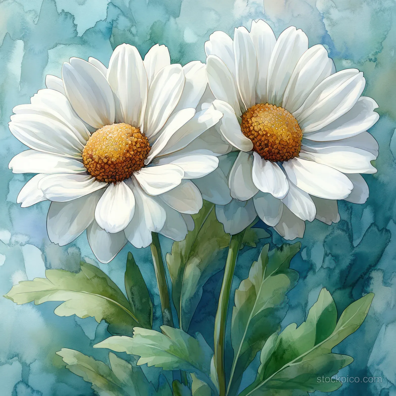 Watercolor illustration of two white daisies with golden centers, green leaves, and a blue-green meadow background.